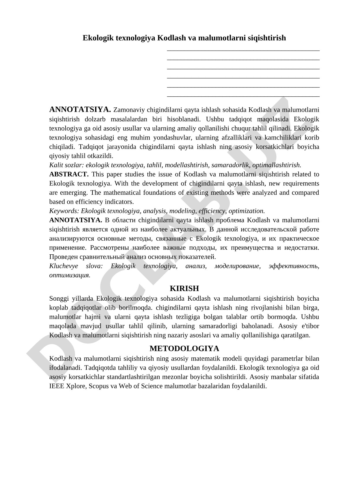 Ekologik texnologiyada kodlash va ma'lumotlarni siqishtirish