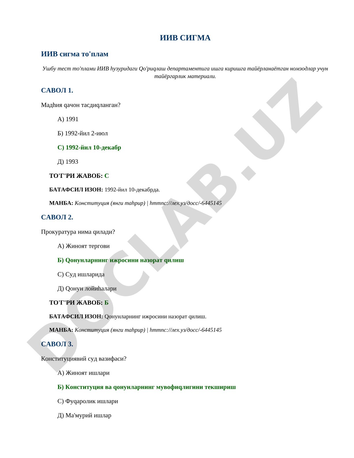 IIV Qo'riqlash departamentiga nomzodlar uchun test savollari