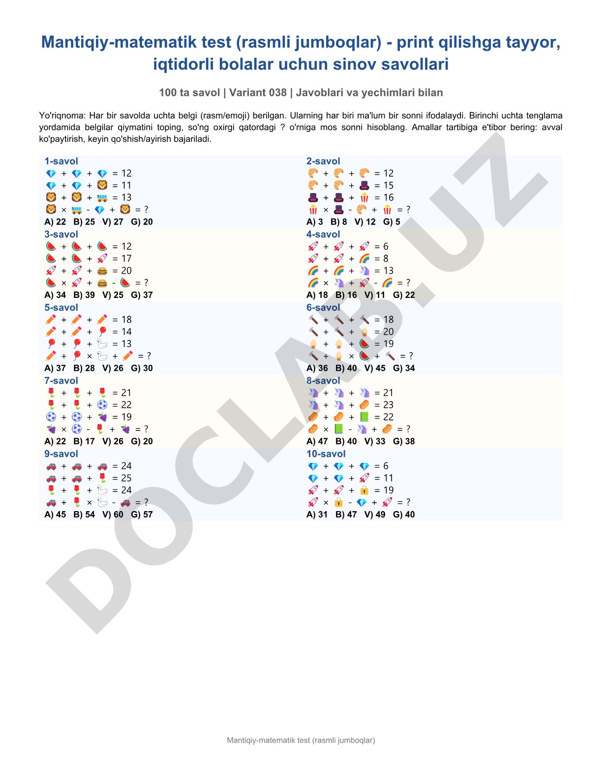 Mantiqiy-matematik test (rasmli jumboqlar)