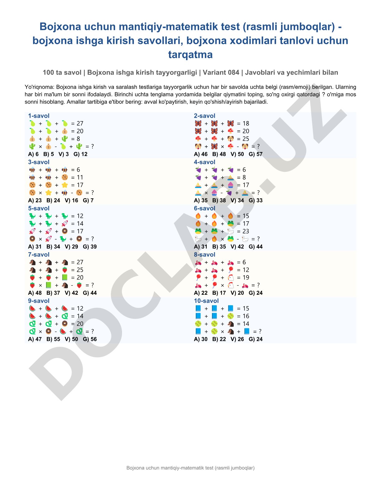 Bojxona uchun mantiqiy-matematik test (rasmli jumboqlar)