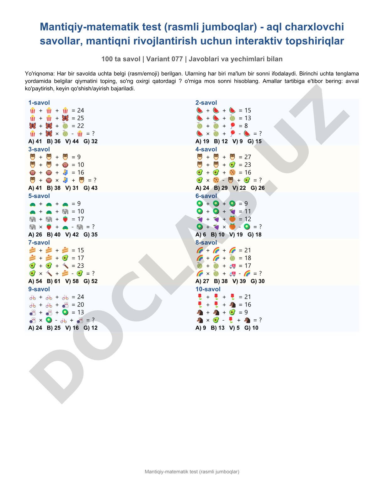 Mantiqiy-matematik test (rasmli jumboqlar)