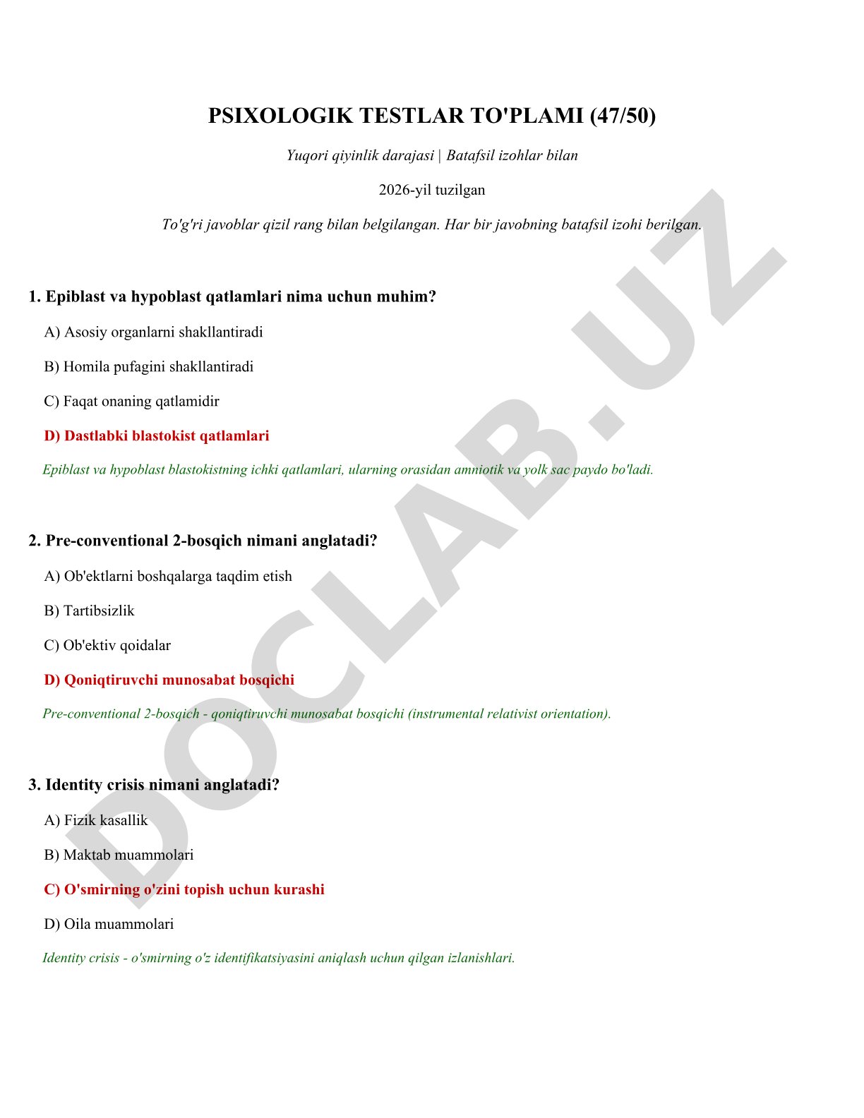 Psixologik testlar to'plami (yuqori qiyinlik darajasi)