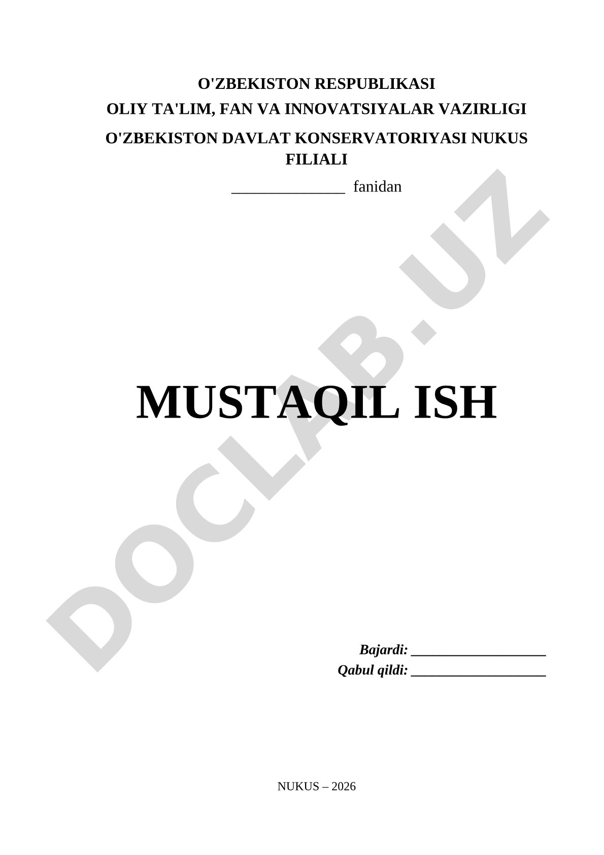 Mustaqil ish sarlavha sahifasi