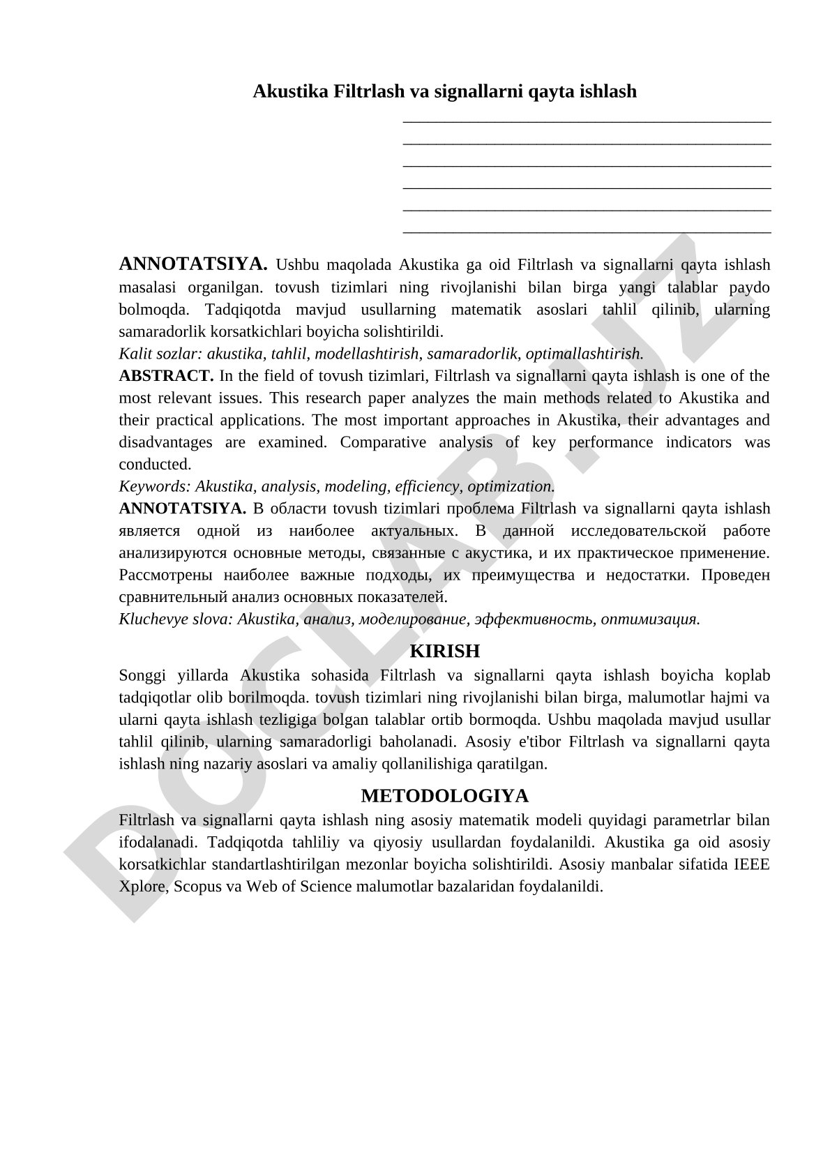 Akustika Filtrlash va signallarni qayta ishlash
