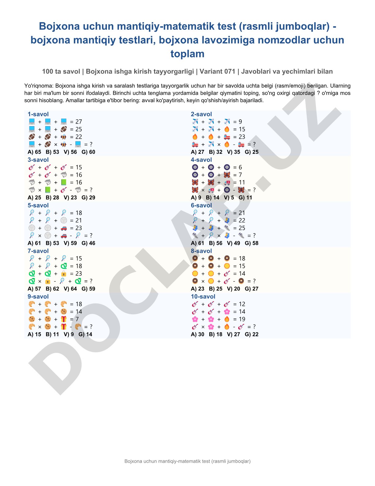 Bojxona uchun mantiqiy-matematik testlar (rasmli jumboqlar)