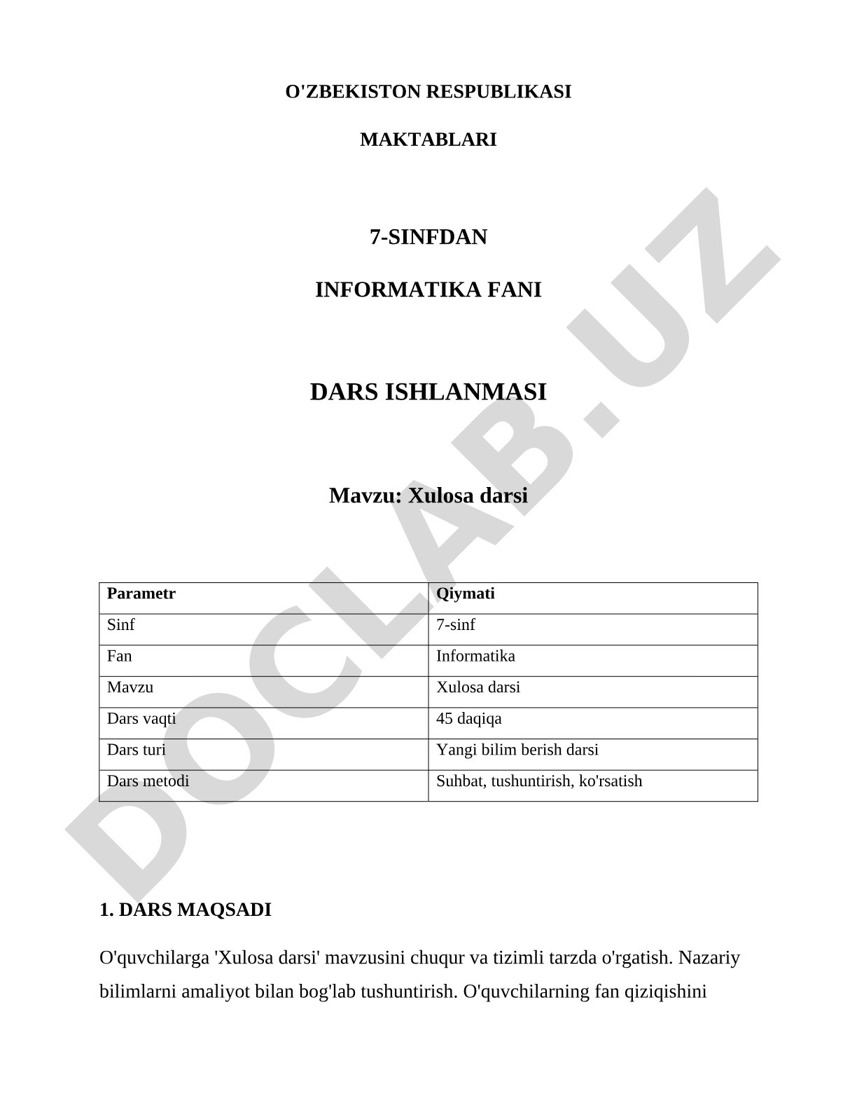 7-sinf informatika fanidan xulosa darsi