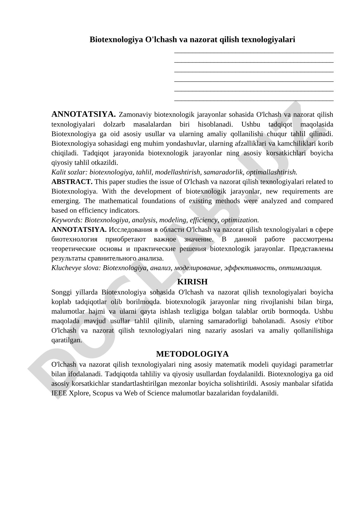 Biotexnologiya O'lchash va nazorat qilish texnologiyalari