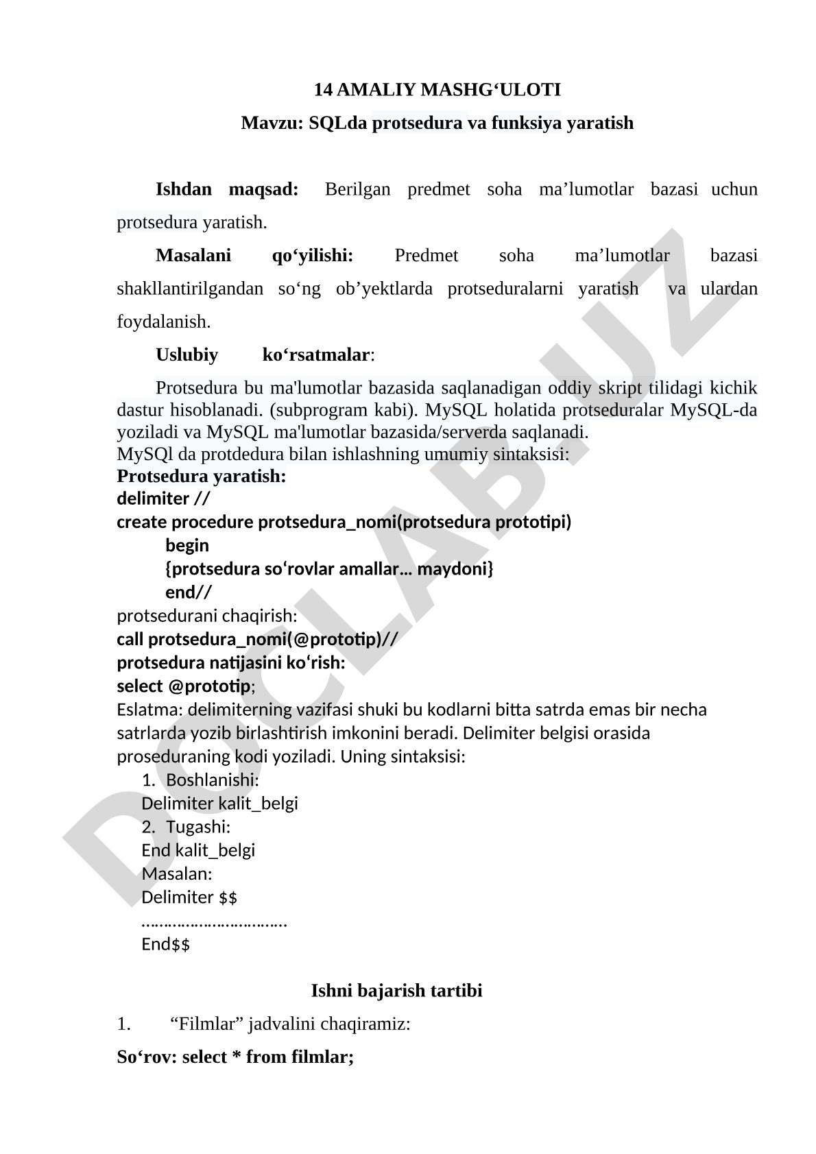 SQLda protsedura va funksiya yaratish