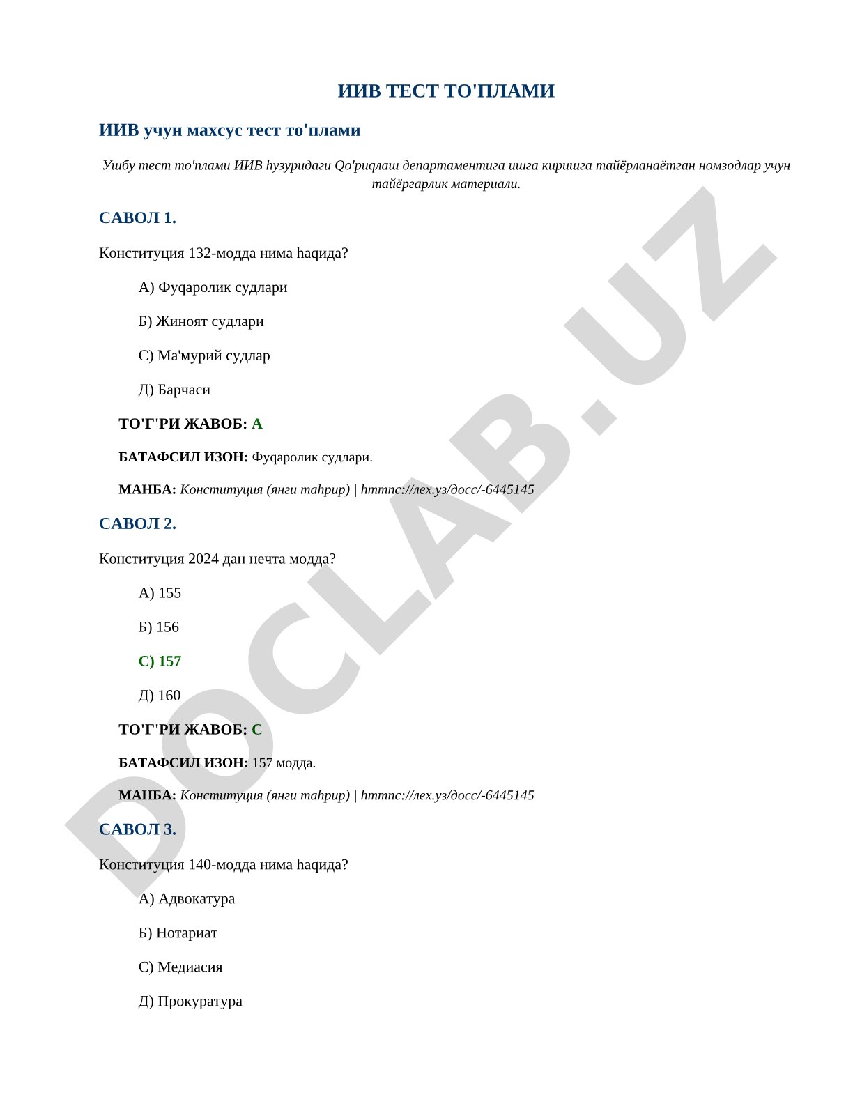 IIV uchun Konstitutsiya test savollari