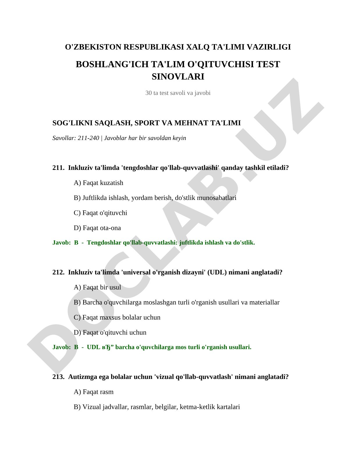 Boshlang'ich ta'lim o'qituvchisi test sinovlari: Sog'likni saqlash, sport va mehnat ta'limi