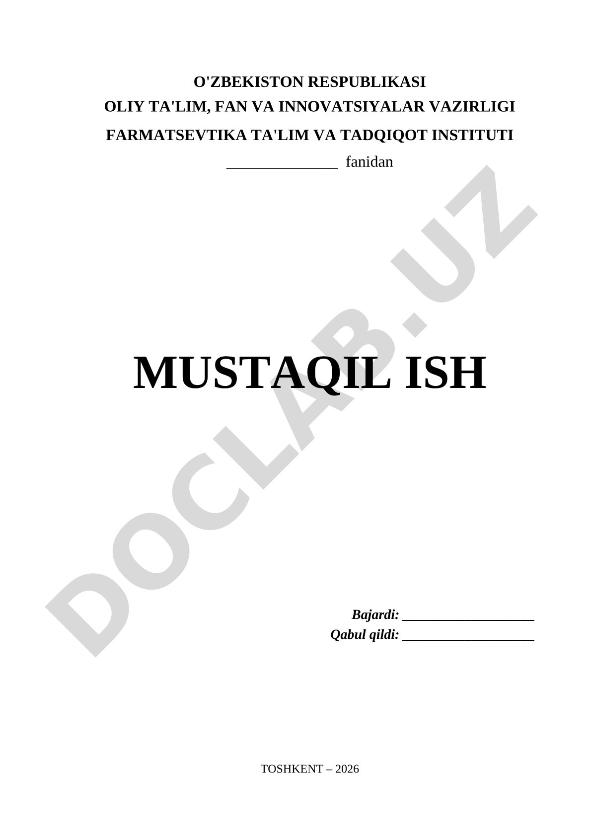 Farmatsevtika fanidan mustaqil ish