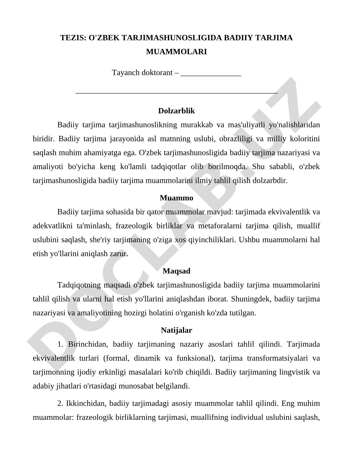 O'zbek tarjimashunosligida badiiy tarjima muammolari