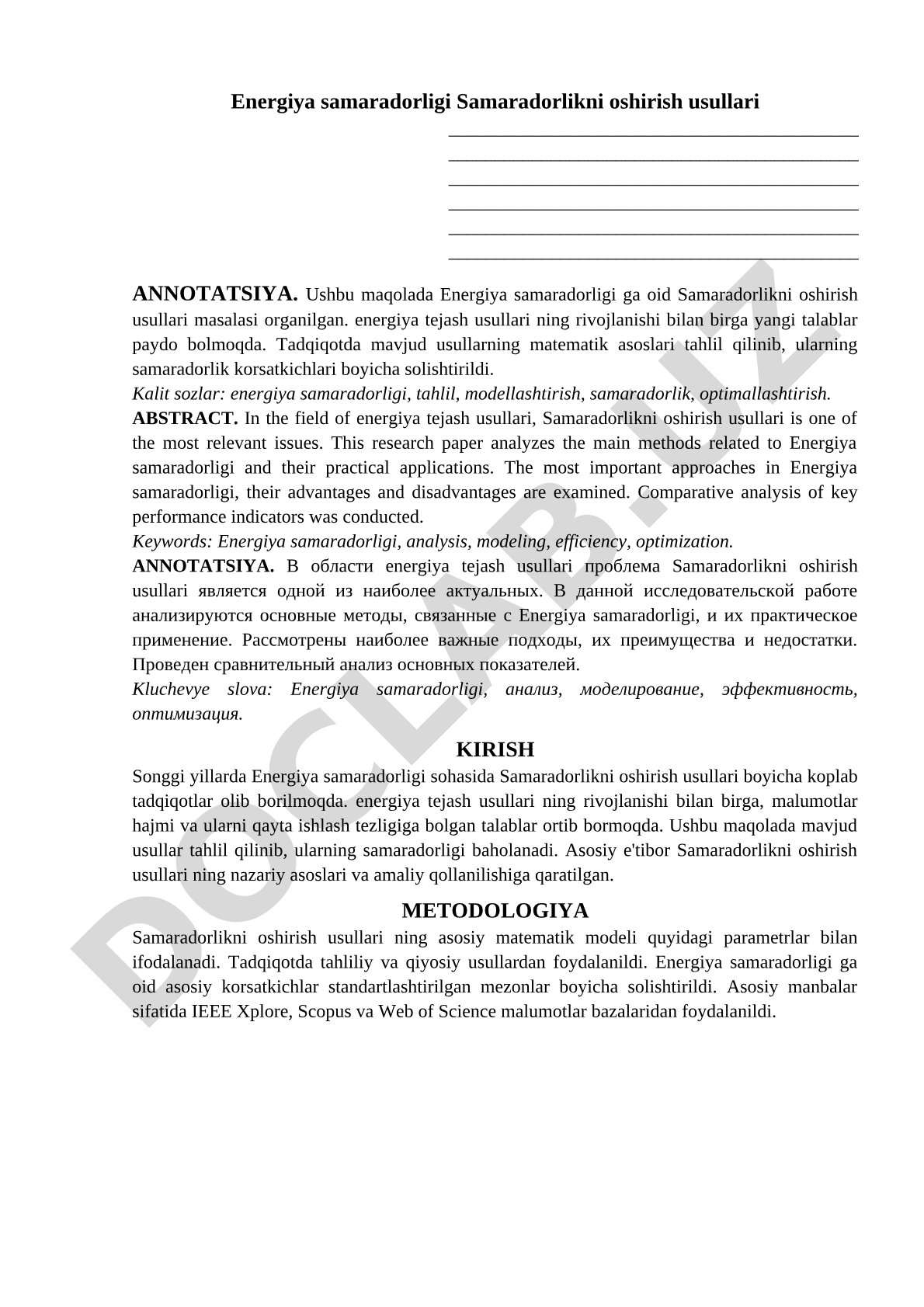 Energiya samaradorligi va samaradorlikni oshirish usullari