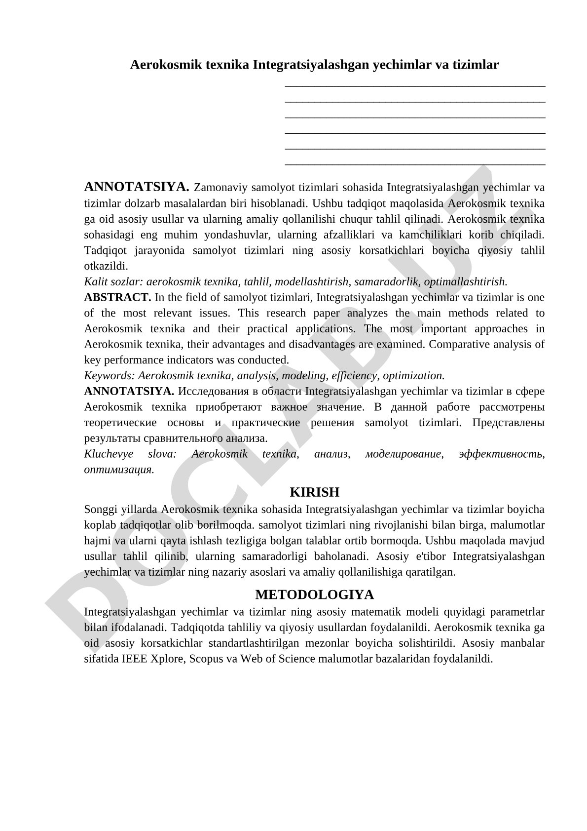 Aerokosmik texnika Integratsiyalashgan yechimlar va tizimlar