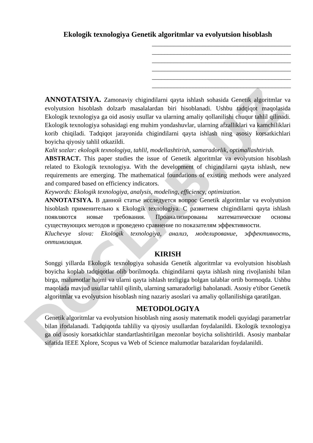 Ekologik texnologiyada genetik algoritmlar va evolyutsion hisoblash