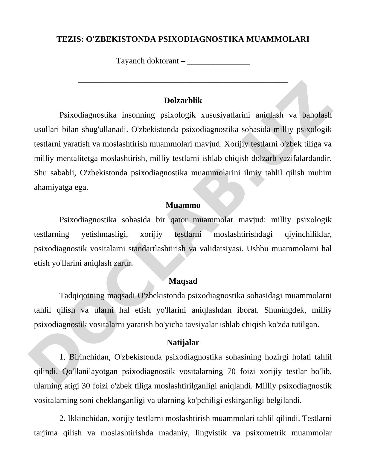 O'ZBEKISTONDA PSIXODIAGNOSTIKA MUAMMOLARI