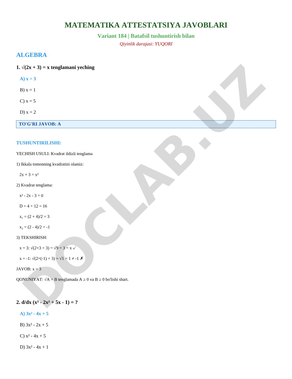 Matematika attestatsiya variant 184 javoblari