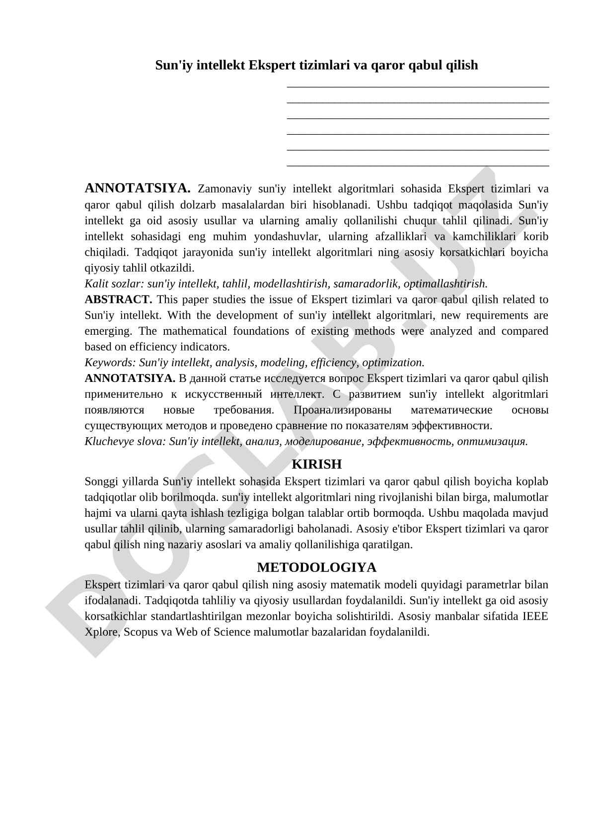 Sun'iy intellekt Ekspert tizimlari va qaror qabul qilish