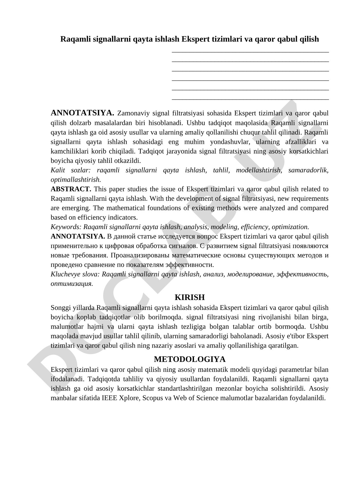 Raqamli signallarni qayta ishlash Ekspert tizimlari va qaror qabul qilish