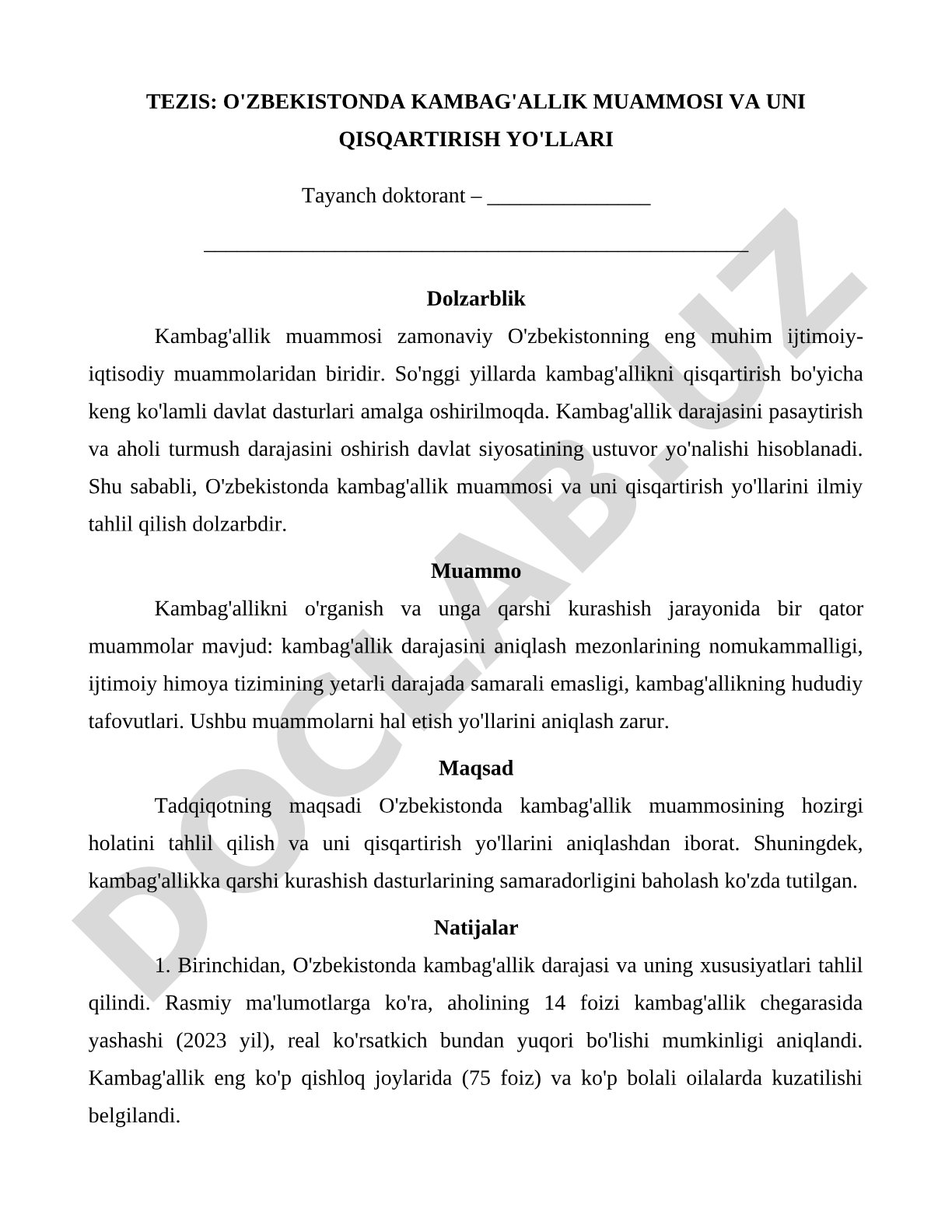 O'zbekistonda kambag'allik muammosi va uni qisqartirish yo'llari