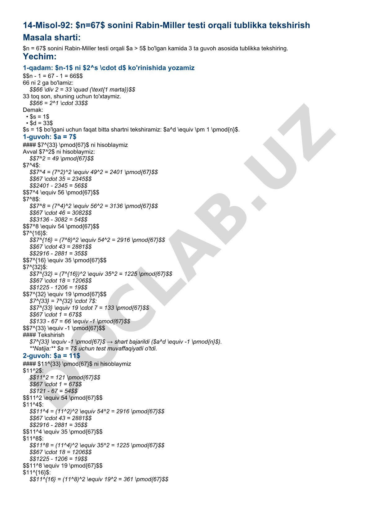 Rabin-Miller testi orqali 67 sonini tublikka tekshirish