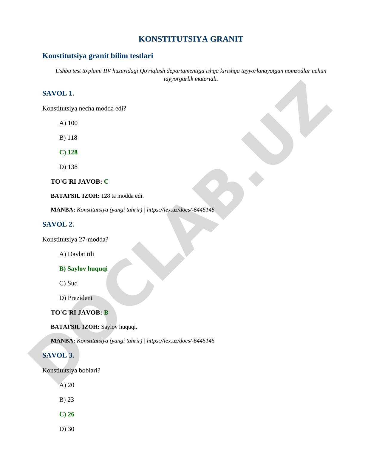 Konstitutsiya granit bilim testlari
