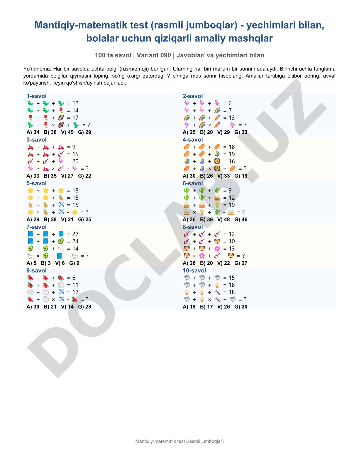 Mantiqiy-matematik test (rasmli jumboqlar)