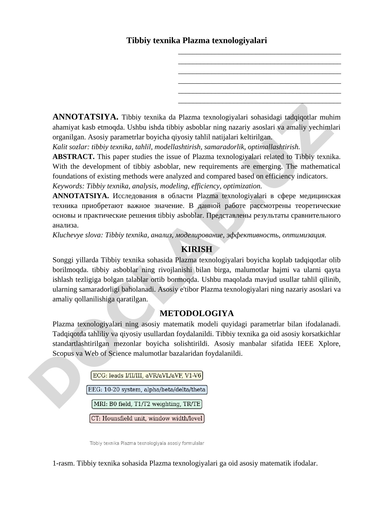 Tibbiy texnika Plazma texnologiyalari