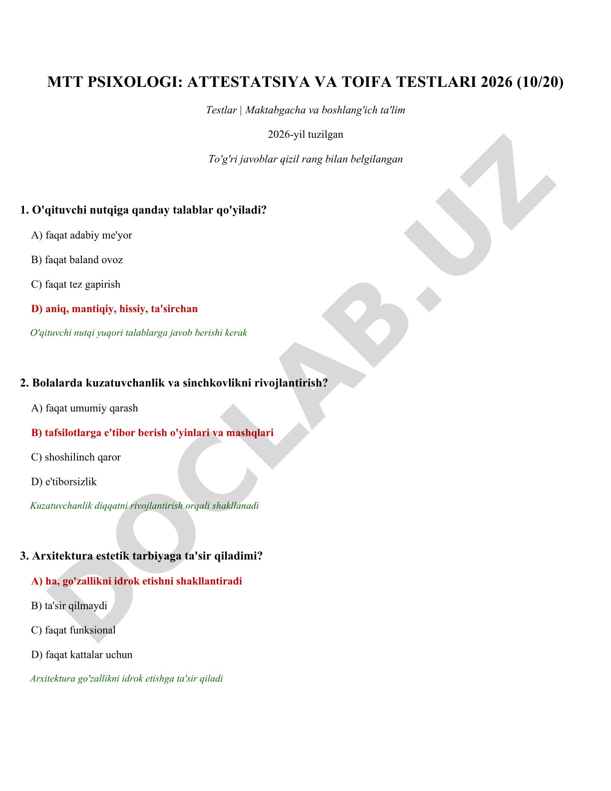 MTT psixologi: attestatsiya va toifa testlari 2026 (10/20)