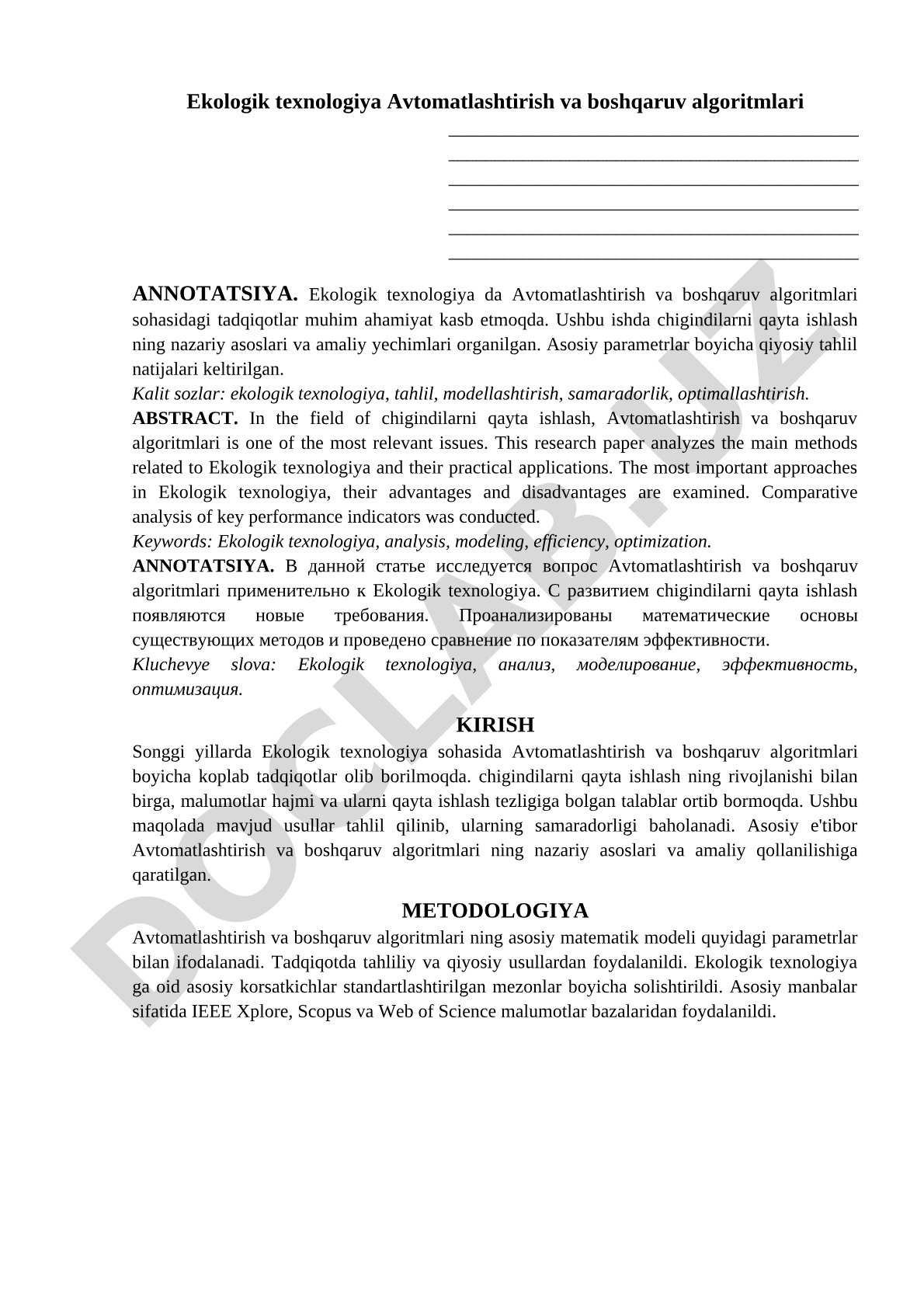 Ekologik texnologiya Avtomatlashtirish va boshqaruv algoritmlari