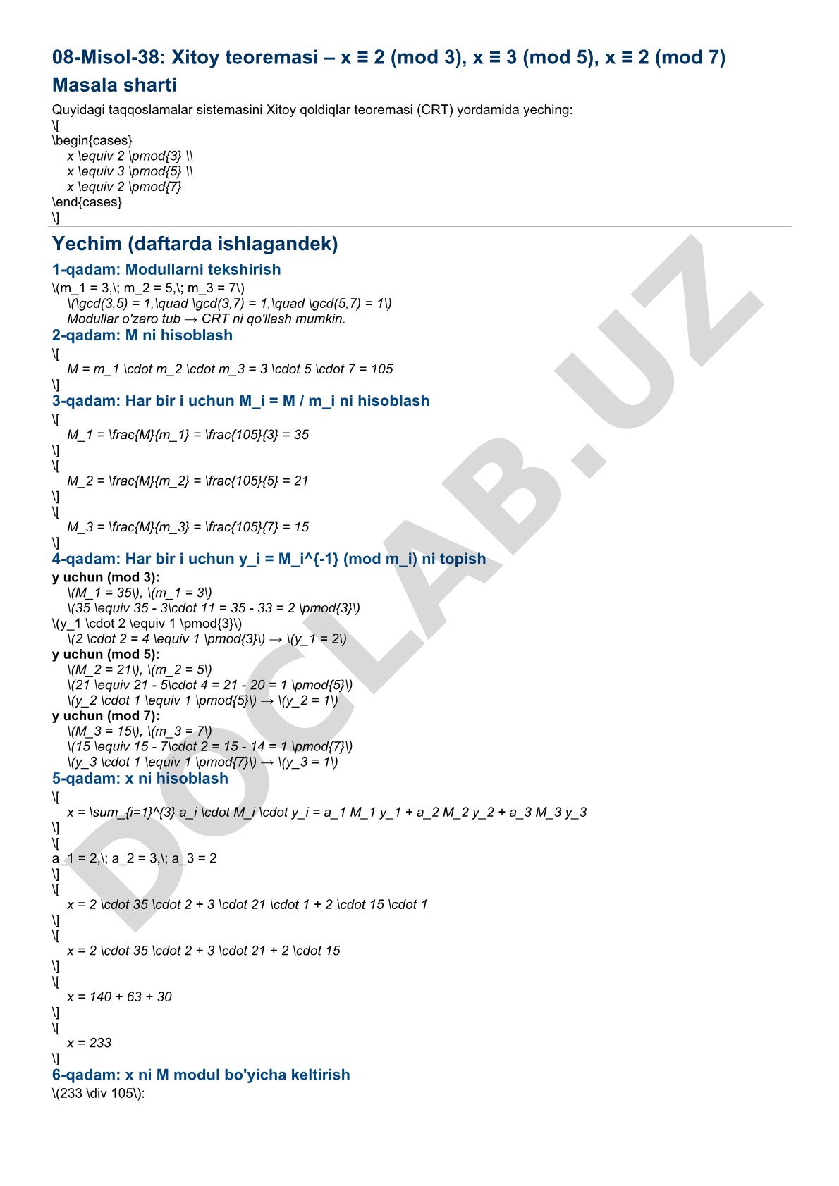 Xitoy qoldiqlar teoremasi – x ≡ 2 (mod 3), x ≡ 3 (mod 5), x ≡ 2 (mod 7)