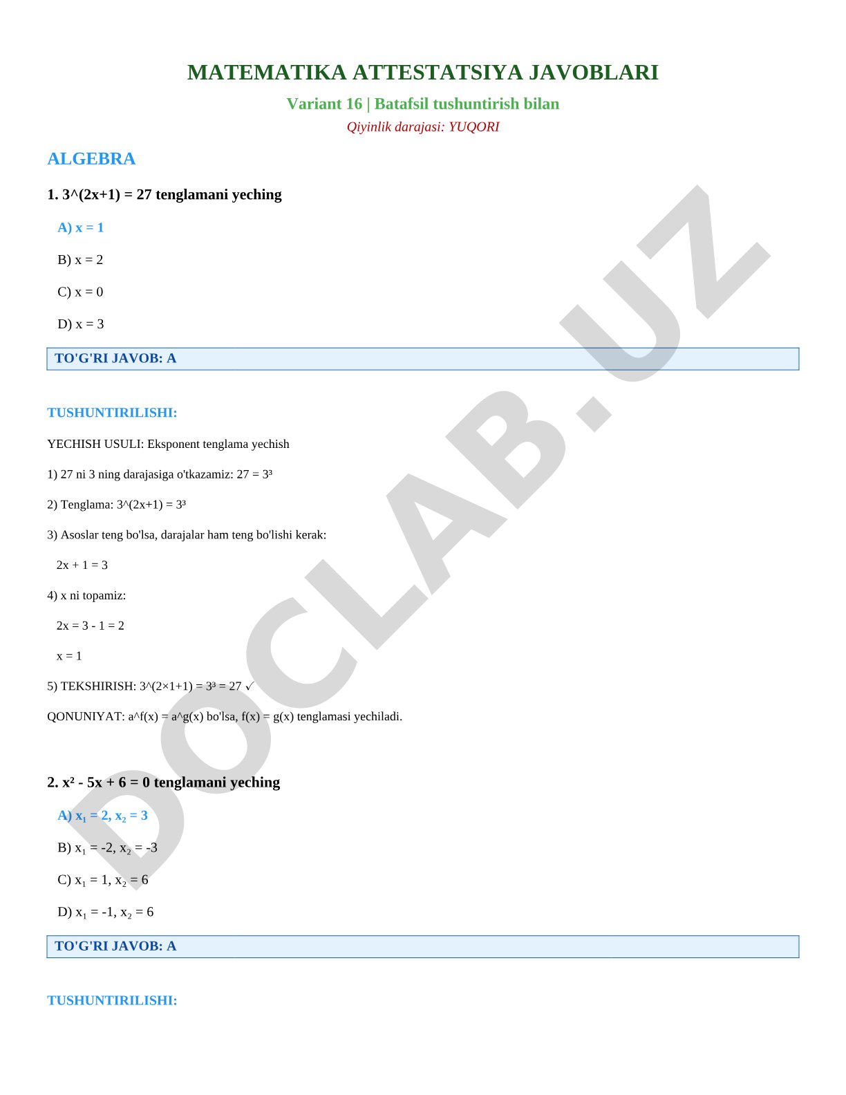 Matematika attestatsiya javoblari Variant 16