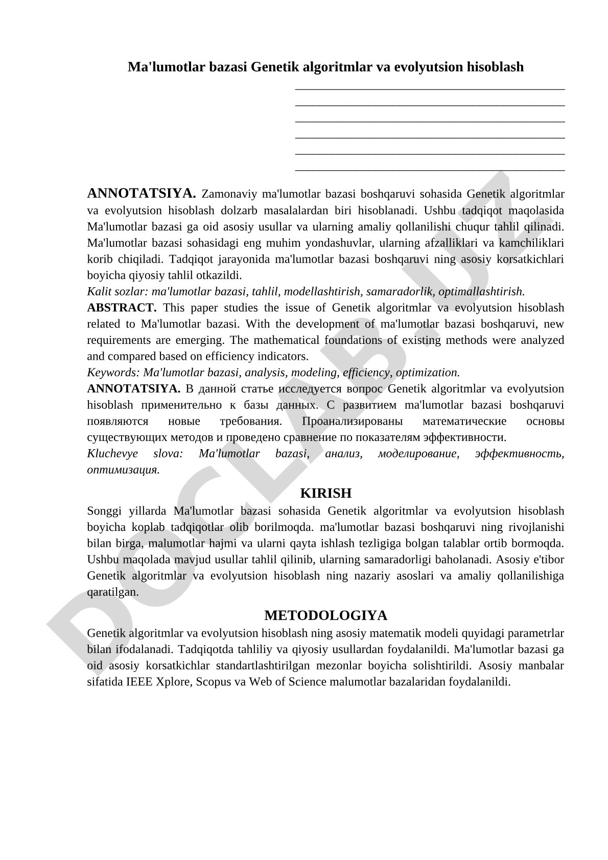 Ma'lumotlar bazasi Genetik algoritmlar va evolyutsion hisoblash