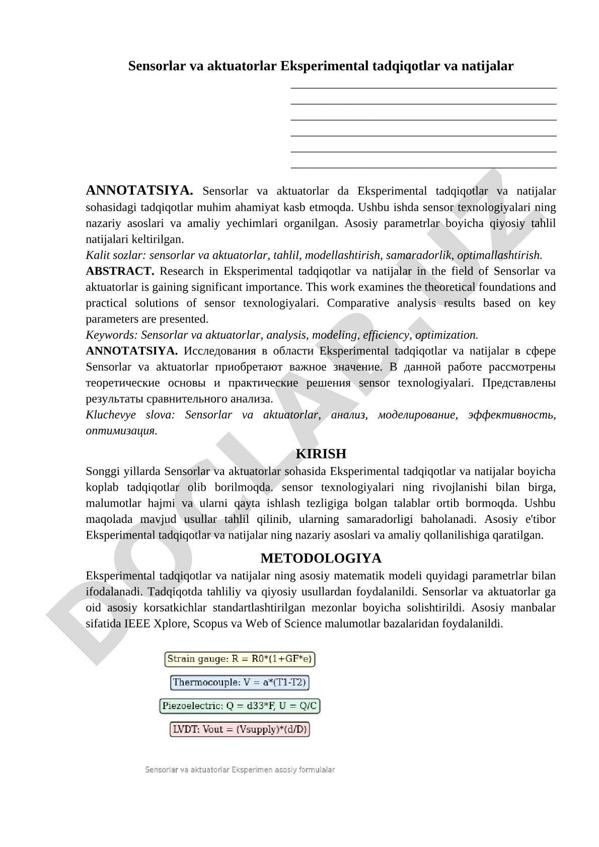 Sensorlar va aktuatorlar eksperimental tadqiqotlar va natijalar