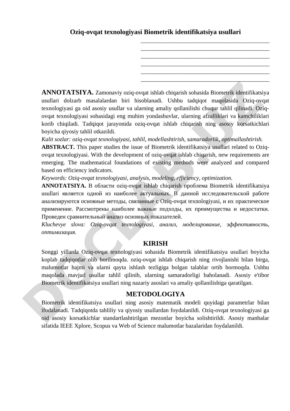 Oziq-ovqat texnologiyasi Biometrik identifikatsiya usullari