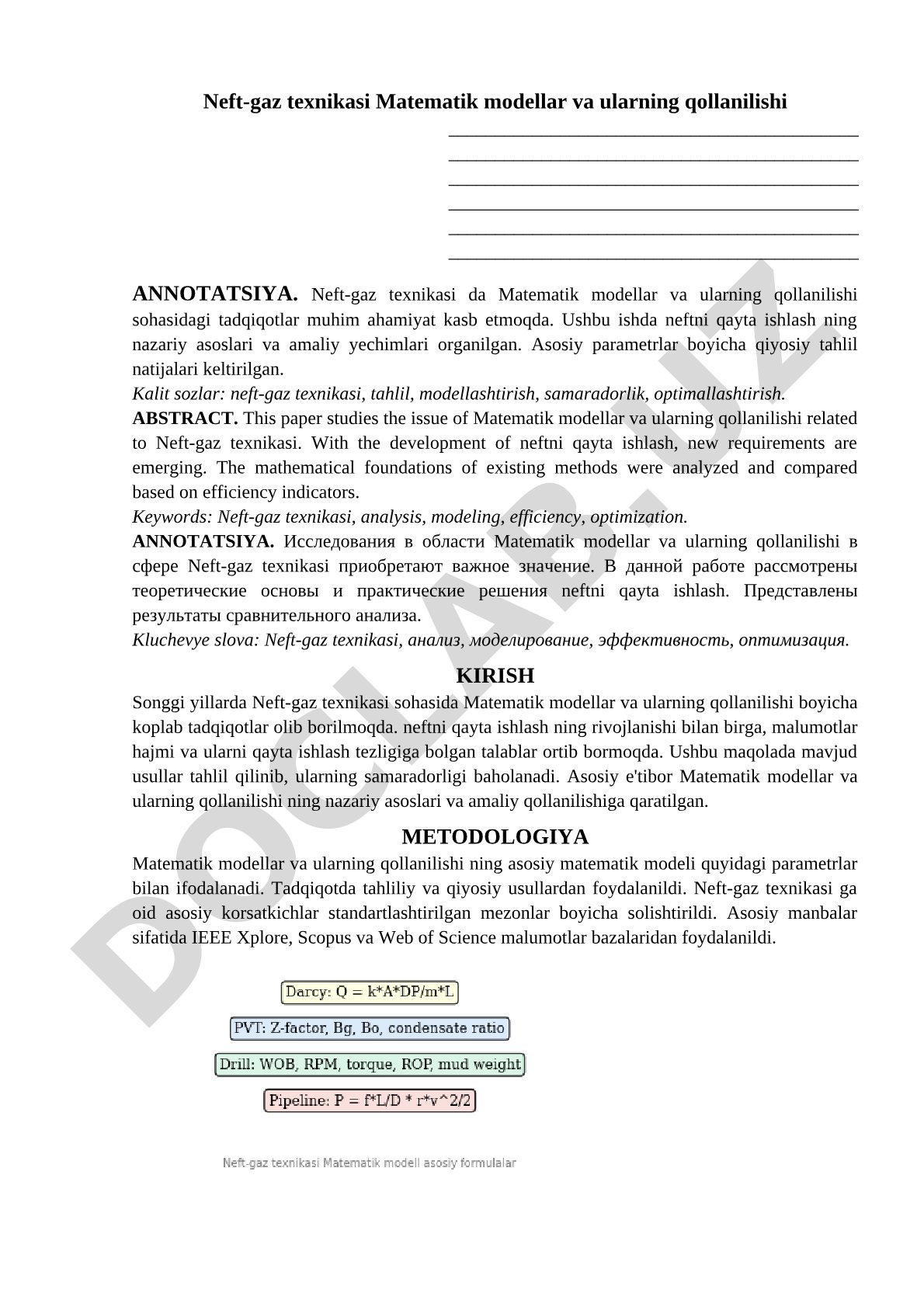 Neft-gaz texnikasi Matematik modellar va ularning qo'llanilishi