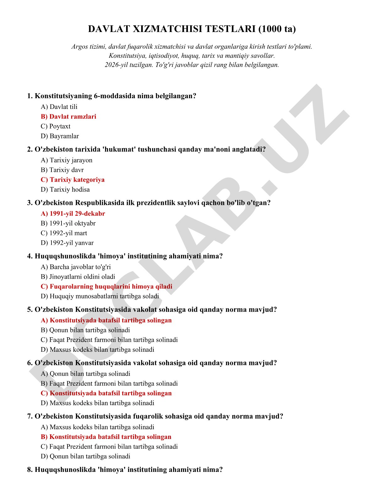 DAVLAT XIZMATCHISI TESTLARI (1000 ta)
