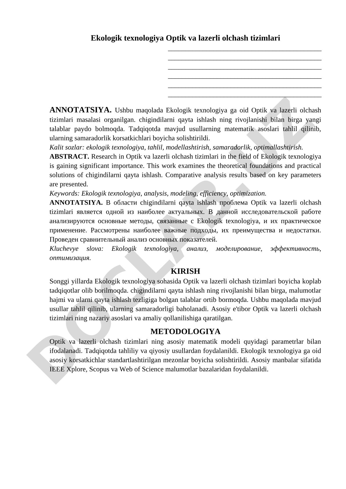 Ekologik texnologiya Optik va lazerli olchash tizimlari