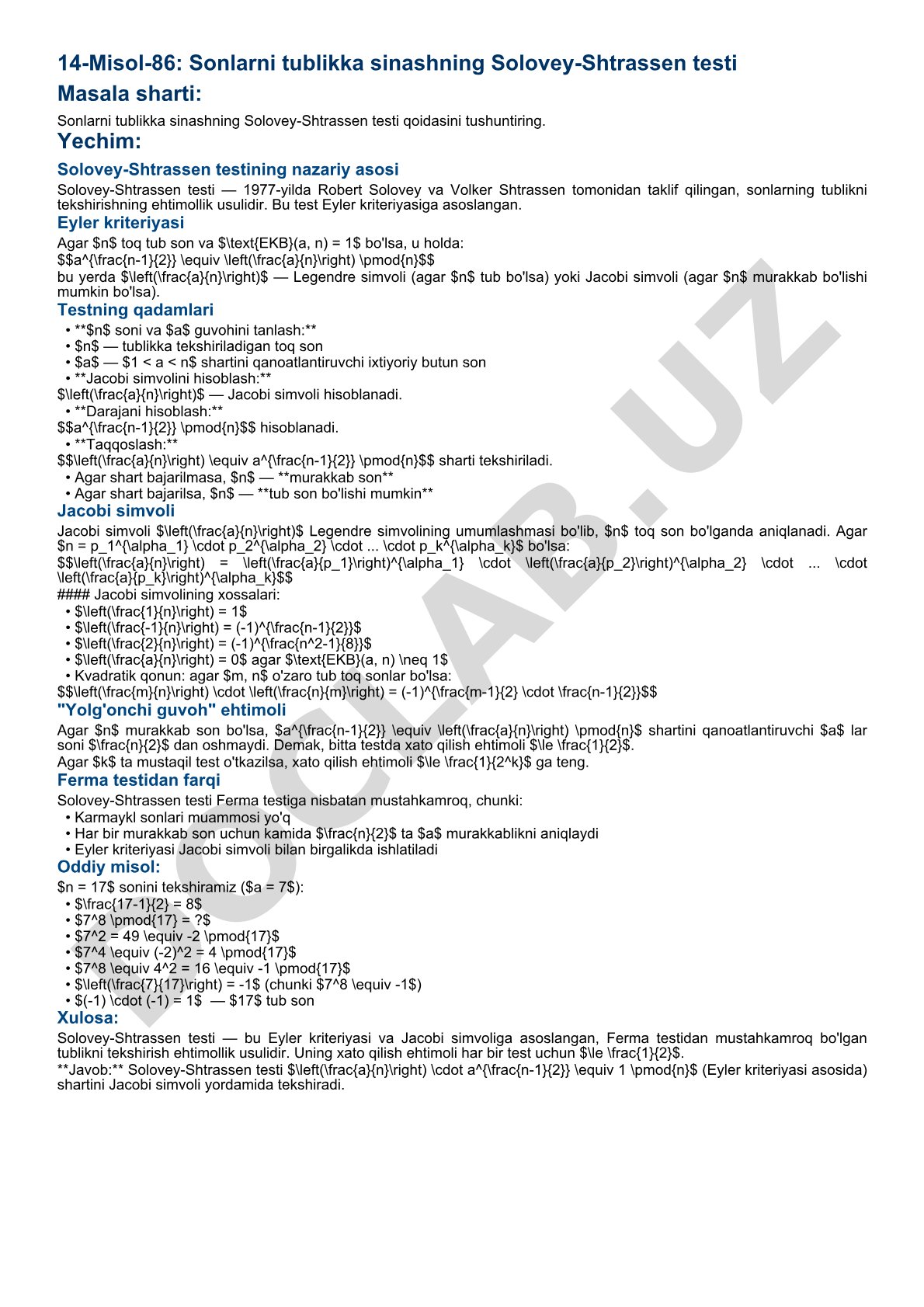 Sonlarni tublikka sinashning Solovey-Shtrassen testi