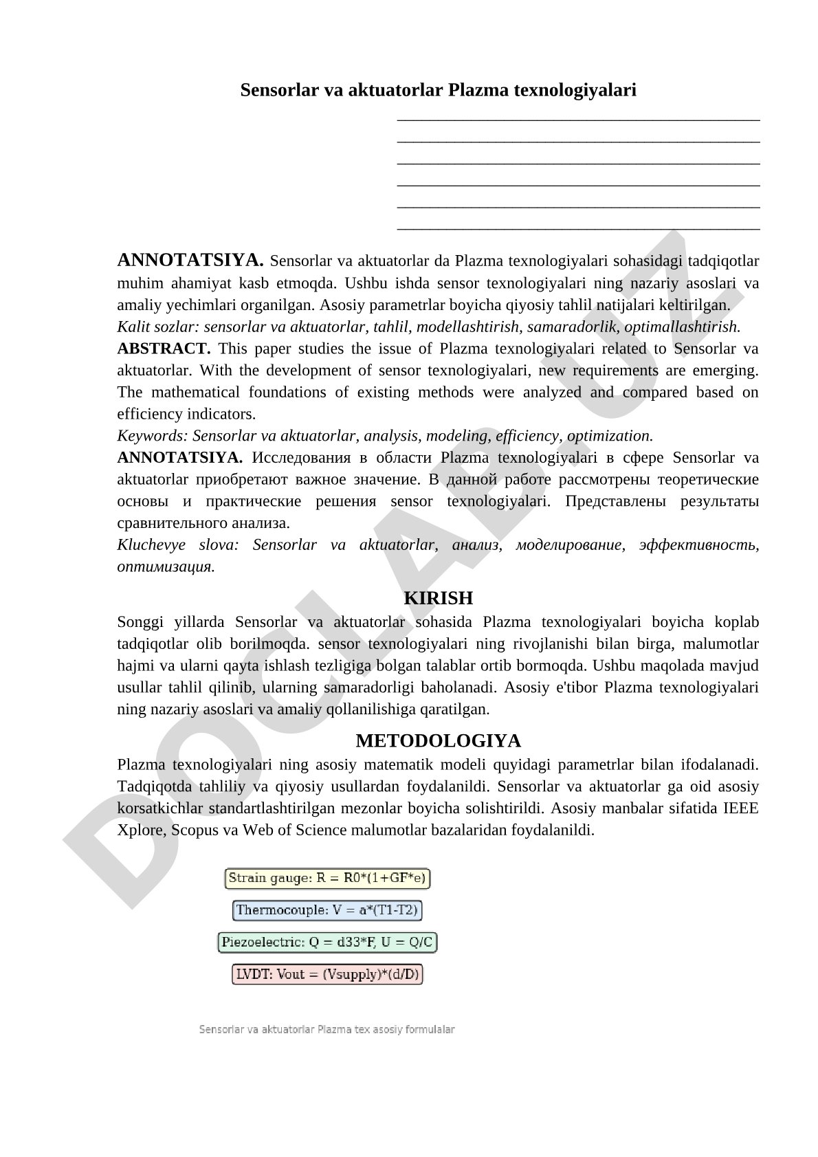 Sensorlar va aktuatorlar Plazma texnologiyalari