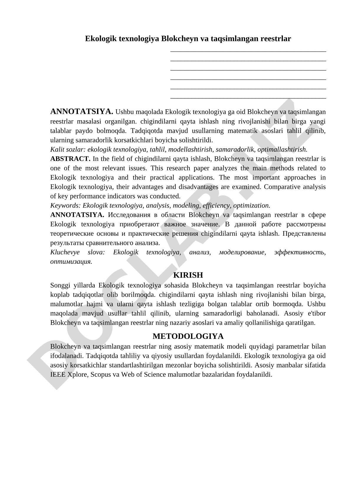 Ekologik texnologiya Blokcheyn va taqsimlangan reestrlar