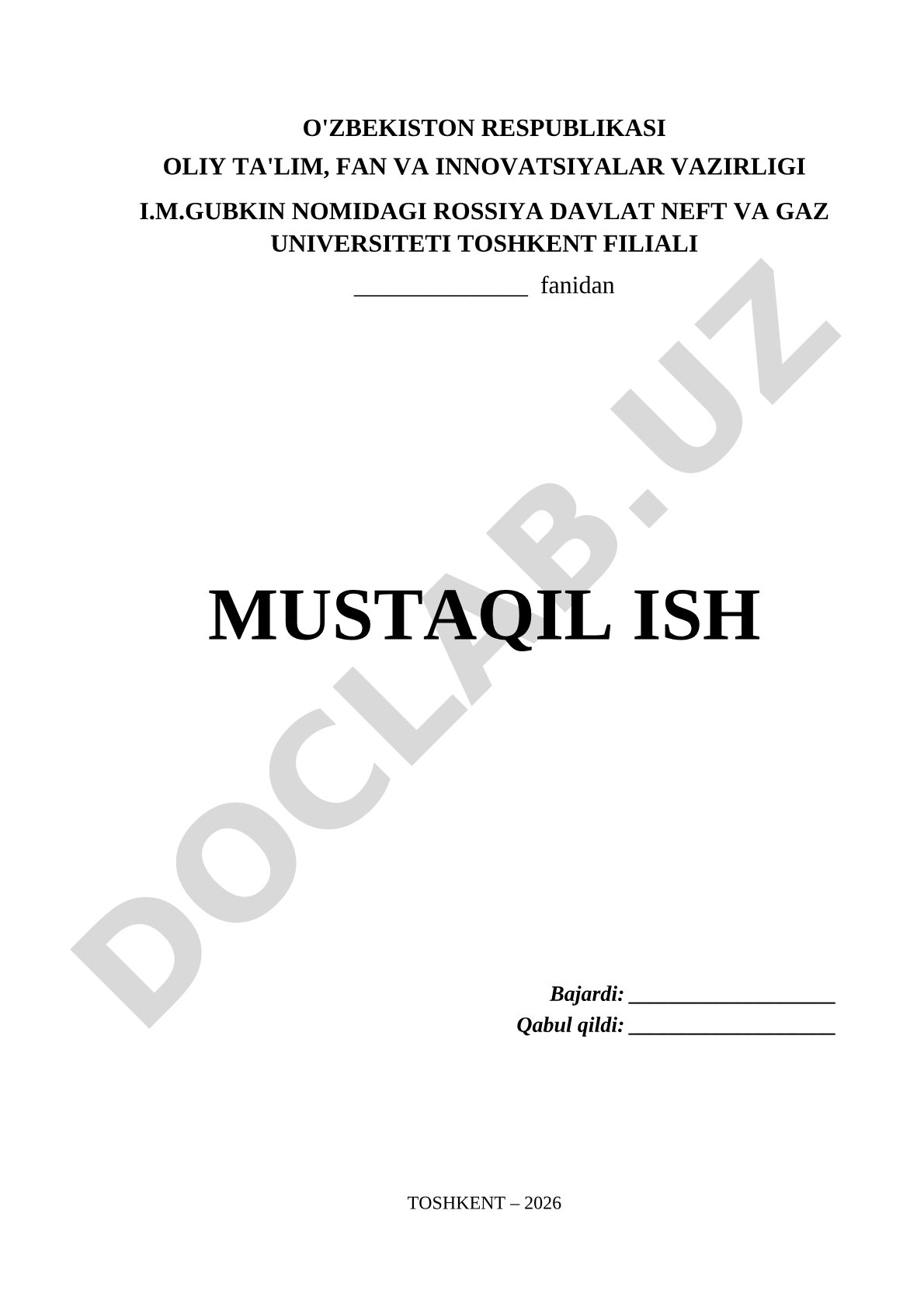 Fan bo'yicha mustaqil ish namunaviy sarlavhasi