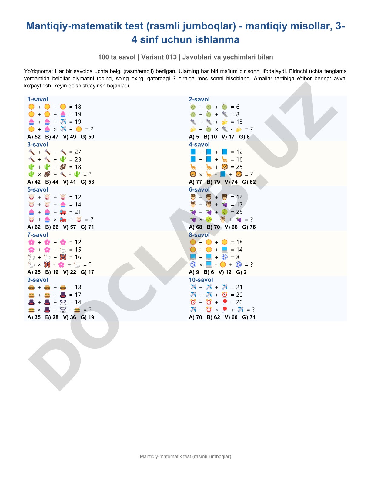 Mantiqiy-matematik test (rasmli jumboqlar)
