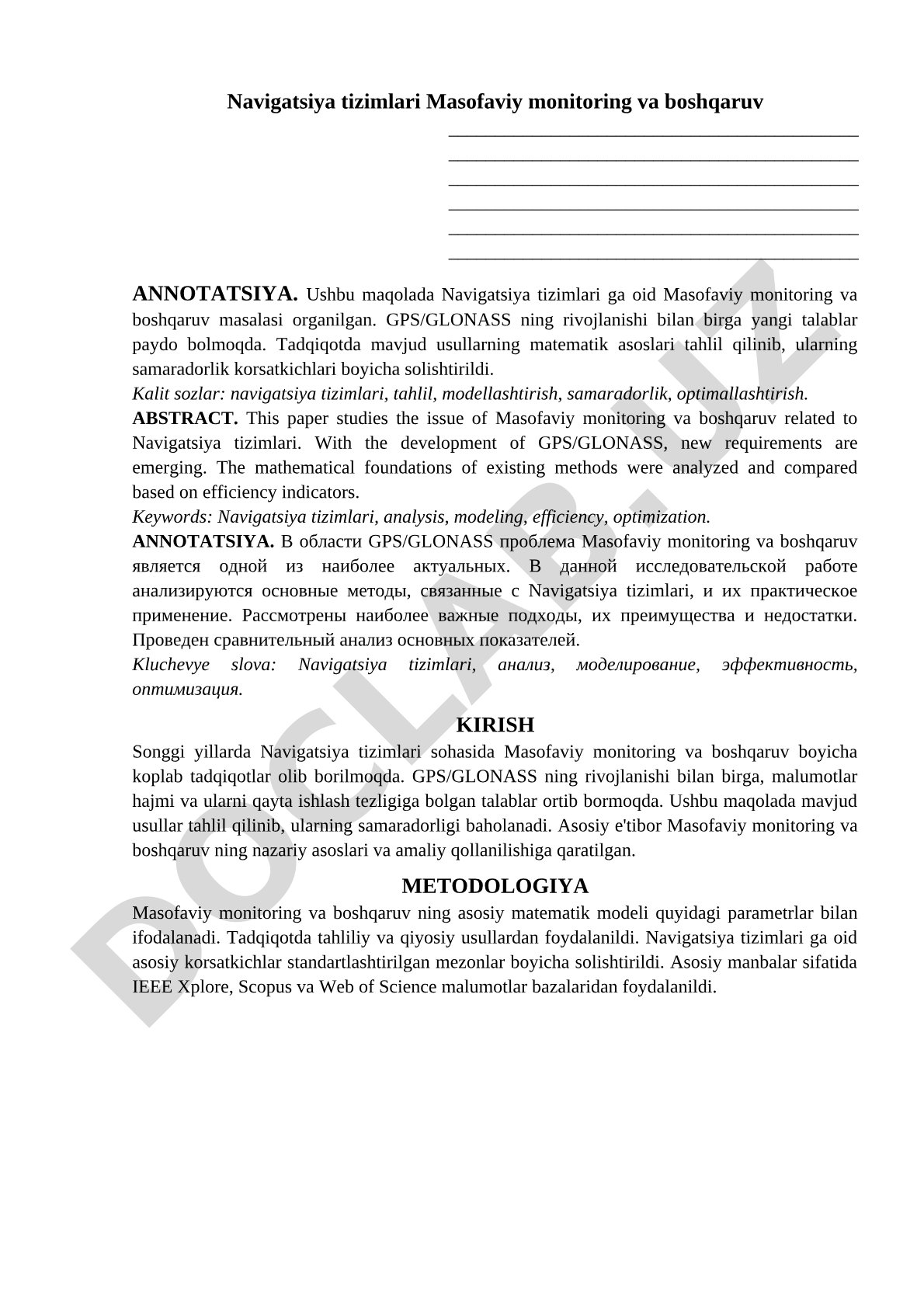 Navigatsiya tizimlari Masofaviy monitoring va boshqaruv