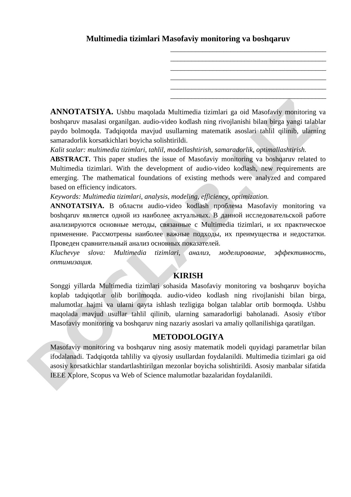 Multimedia tizimlari Masofaviy monitoring va boshqaruv