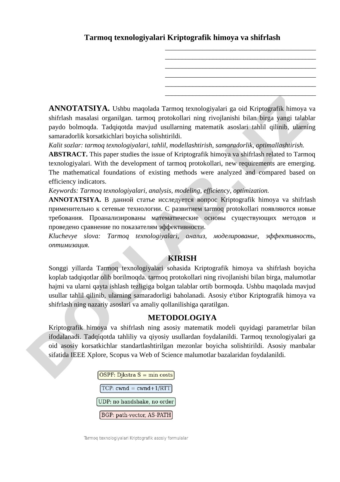 Tarmoq texnologiyalari Kriptografik himoya va shifrlash