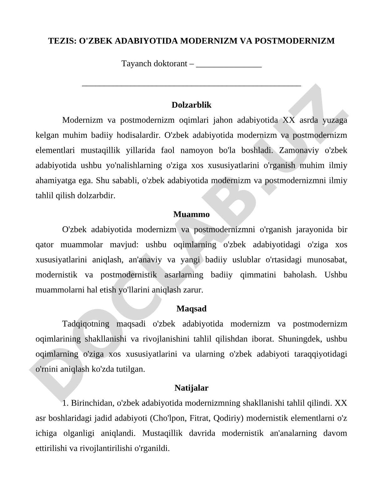 O'zbek adabiyotida modernizm va postmodernizm