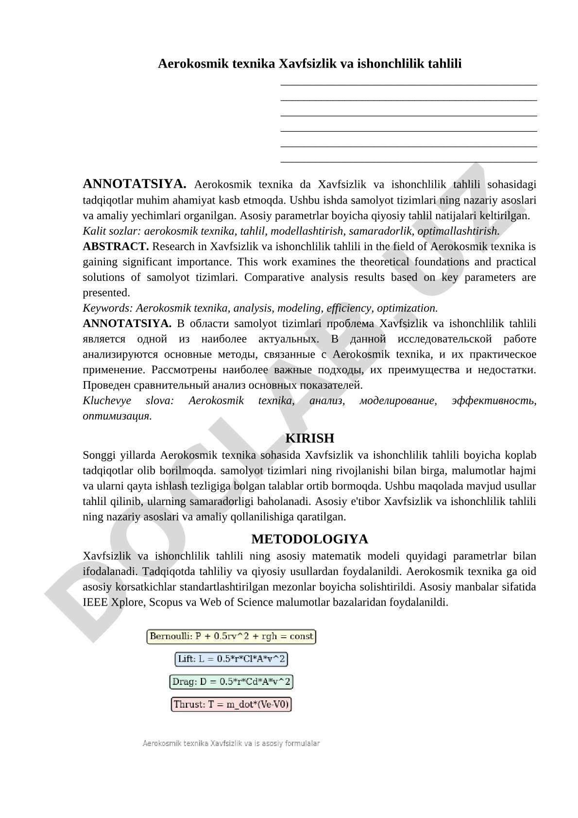 Aerokosmik texnika Xavfsizlik va ishonchlilik tahlili
