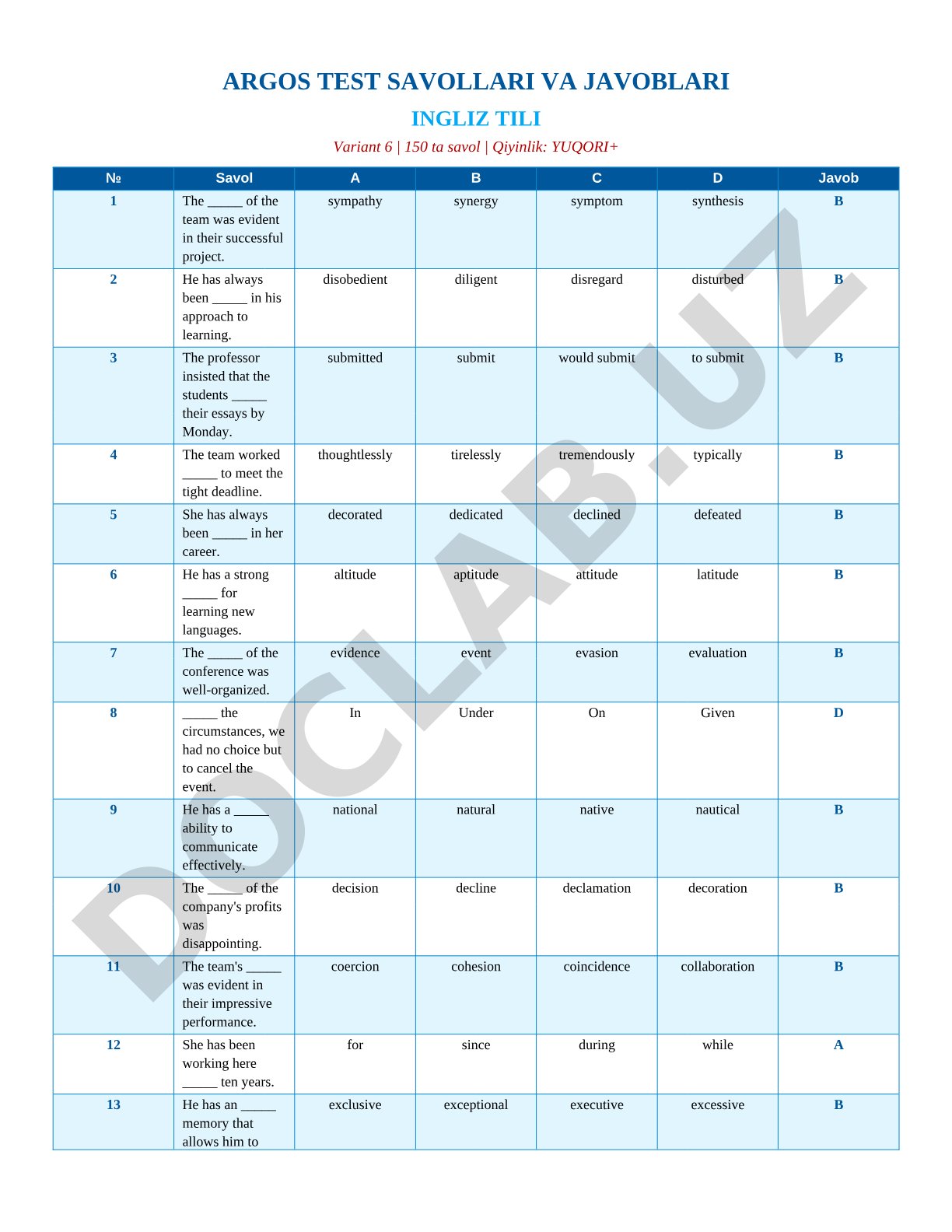 English Language Test Questions and Answers Variant 6