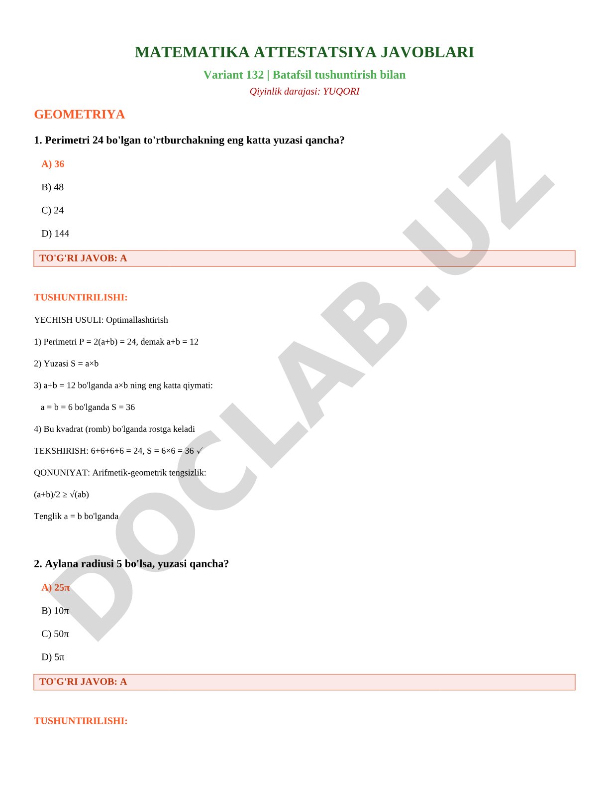 Matematika attestatsiya javoblari 132-variant geometriya